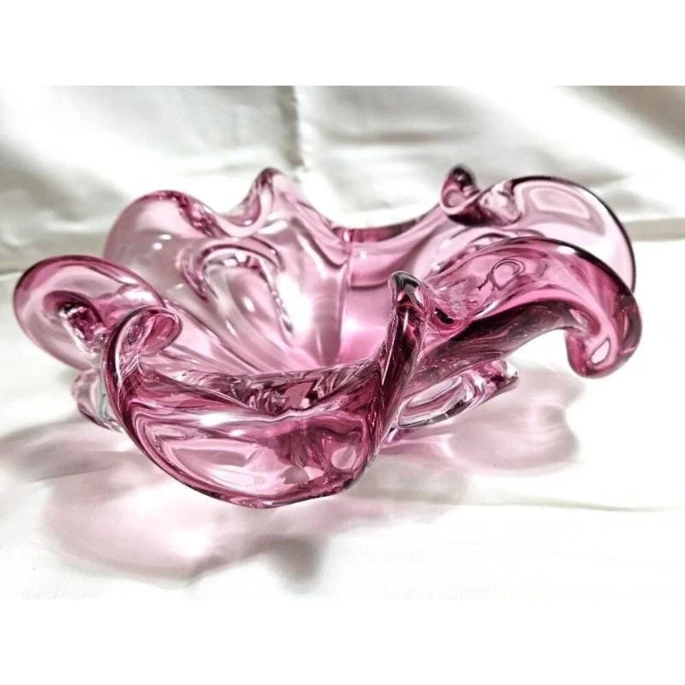 Murano Glass Pink Bowl Alfredo Barbini Flower Shaped vase/Italy
